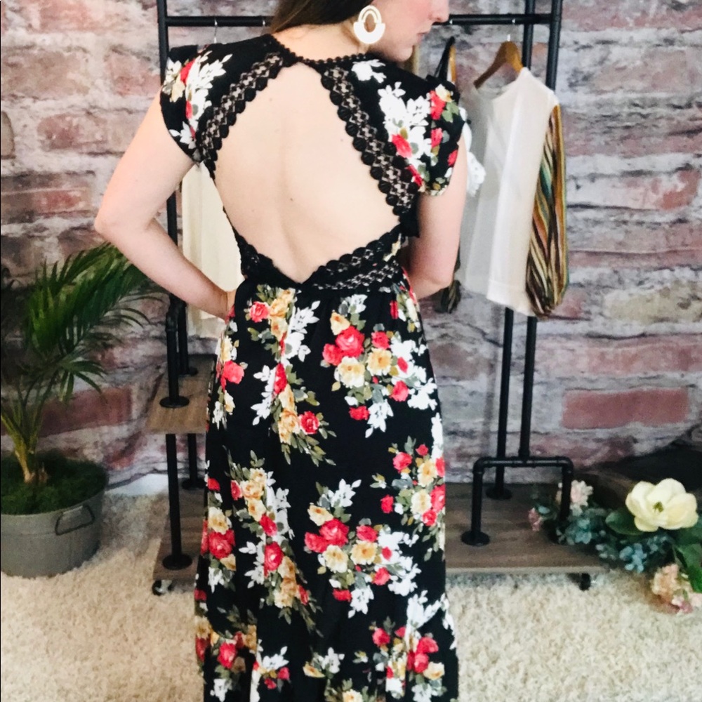 Black floral open back dress